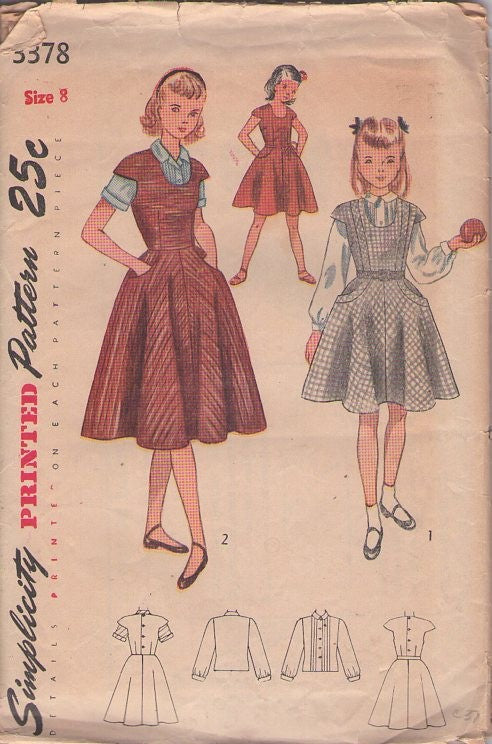 Simplicity 3378 Vintage 50's Sewing Pattern Girls' Separates, Pin Tucks Blouse, Cap Sleeve U Neck Dress, Jumper Size 8