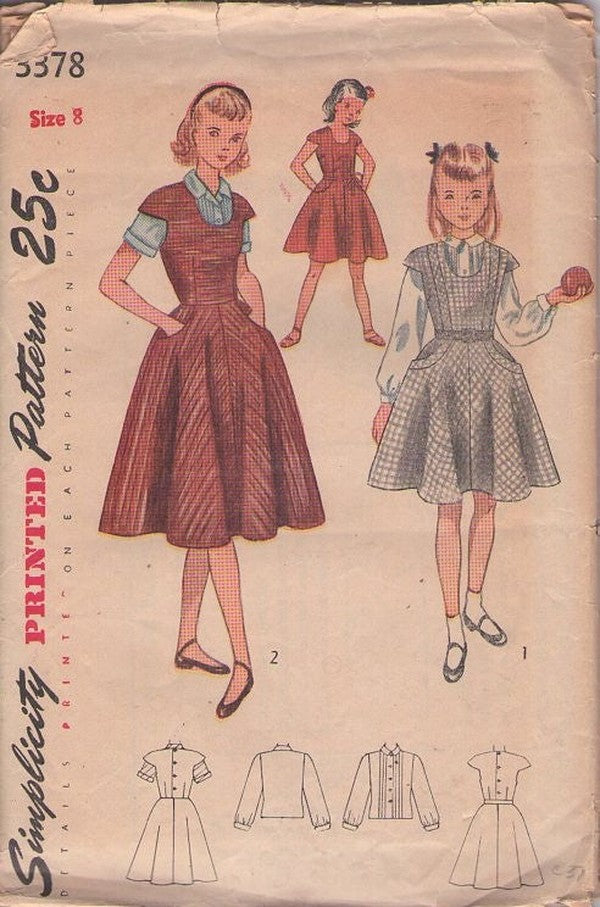 Simplicity 3378 Vintage 50's Sewing Pattern Girls' Separates, Pin Tucks Blouse, Cap Sleeve U Neck Dress, Jumper Size 8