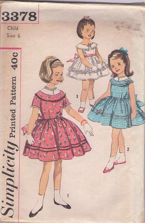 Simplicity 3378 Vintage 60's Sewing Pattern Girls' Dresses, Fancy Round Collar School Dress, Tie Back, Full Skirt 3 Styles Size 6