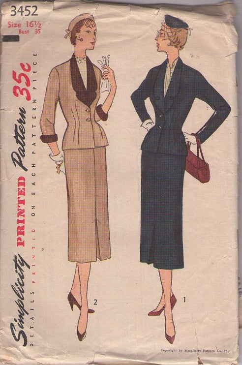 Simplicity 3452 Vintage 50's Sewing Pattern Walking Suit, Full Figure New Look, Lucy Suit Jacket Top, Pencil Slim Sheath Skirt Size 16.5