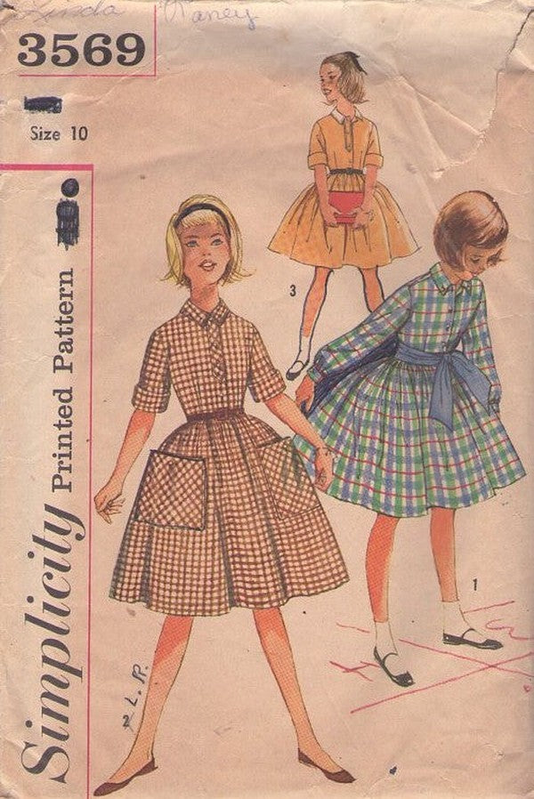 Simplicity 3569 Vintage 60's Sewing Pattern Girls' Dress Set, Modest School Days Dress & Tie Belt, LARGE Pockets, Flared Full Skirt Size 10