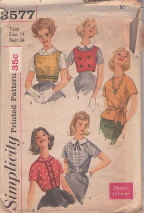 Simplicity 3577 Vintage 60's Sewing Pattern Secretary Blouse, Rockabilly Cropped Topper, Vest, Shirt Set Size 14