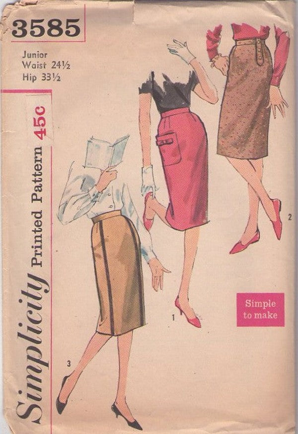 Simplicity 3585 Vintage 60's Sewing Pattern Easy Skirts, Simple to Make Secretary Sheath Skirt Set Waist 24.5 Size XS