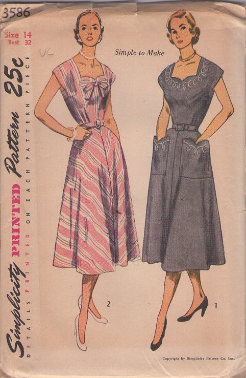 Simplicity 3586 Vintage 50's Sewing Pattern Lucy Day Dresses, Simple to Make Sweetheart Neckline Bias Skirt HUGE Pockets Cap Sleeve Day Dress, 2 Styles Size 14