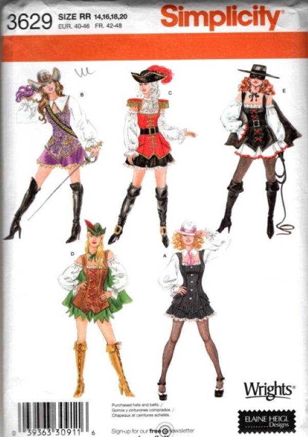Simplicity 3629 Retro 2007 Sewing Pattern Halloween Costume Mini Dress, Sexy Pirate, Captain, Zorro Wench, Robin Hood Maid Marian, 20s Gangster Moll Size 14-20