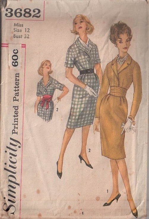 Simplicity 3682 Vintage 60's Sewing Pattern Day Dress, Curve Hugging, Mad Men Collared Sheath Dress, Obi Wrap Waist Cinching Tie Belt Size 12