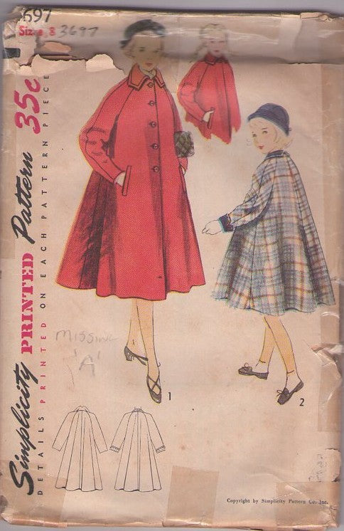 Simplicity 3697 Vintage 50's Sewing Pattern Girls' Coats, Modest Raglan Sleeve Full Swingback Swing Back Tent Coat, Collared Jacket 2 Styles Size 8