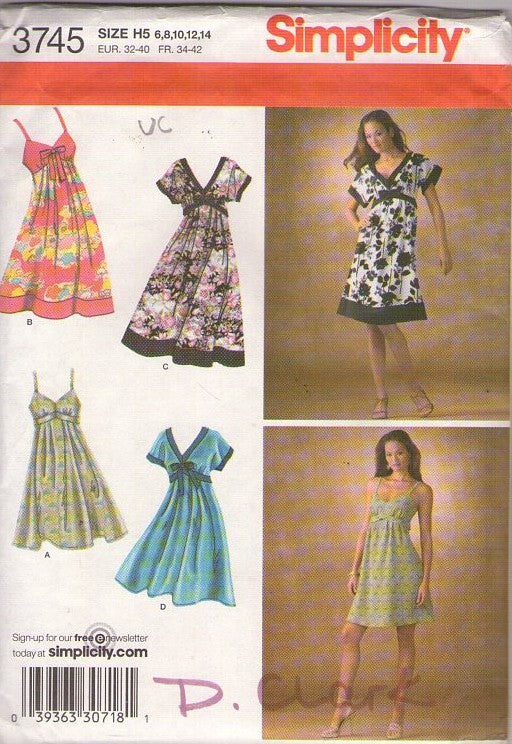 Simplicity 3745 Retro 2007 Sewing Pattern Summer Dress Set, Sundress, High Waist Dress, 4 Styles Size 6-14