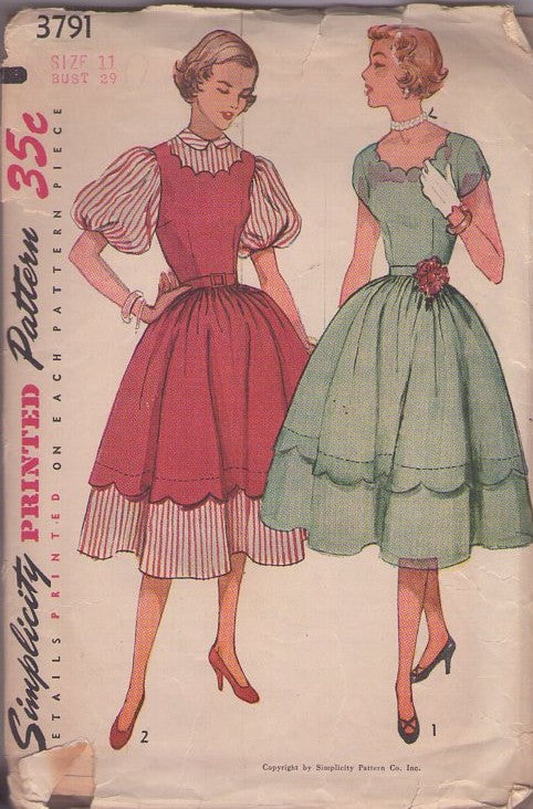 Simplicity 3791 Vintage 50's Sewing Pattern Evening Dress, Petite Scalloped Party Styles, Balloon Sleeve, 2 Piece Look, 2 Styles Size 11
