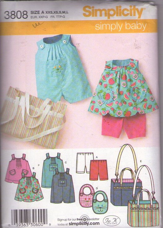 Simplicity 3808 Retro 2007 Sewing Pattern Toddlers' Wardrobe, Simply Baby In K Designs, Shoulder Buttoned Sunsuit, Romper, Dress, Shorts, Bib, Diaper Beach Bag Tote Size XXS L