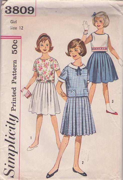 Simplicity 3809 Vintage 60's Sewing Pattern Girls' Separates, Modest Jackie O Suit Dress, Crop Top Blouse, Kilt Knit Pleated Skirt Size 12