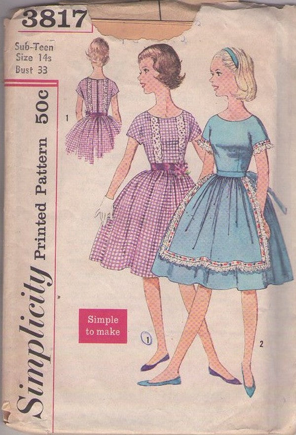Simplicity 3817 Vintage 60's Sewing Pattern Teen Dress Set, Rockabilly Simple to Make Day Dress, Apron Front Trim, Tie Belt Size 14S