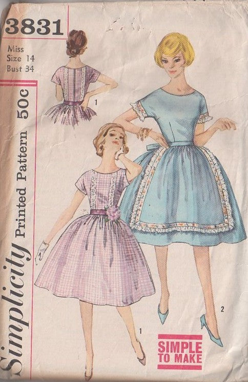 Simplicity 3831 Vintage 60's Sewing Pattern Rockabilly Dress, Cap Sleeve Lace & Ribbon Trim, Simulated Faux Apron Front Cocktail Party Dress Size 14