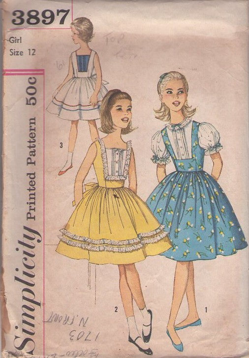 Simplicity 3897 Vintage 60's Sewing Pattern Girls' Dress Set, Square Neck Full Skirt Party Dress, Pin Tuck & Lace Trim, 3 Styles Size 12