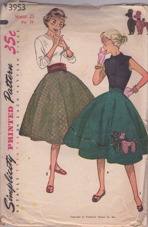 Simplicity 3953 Vintage 50's Sewing Pattern REAL Poodle Skirt, Circular Full Skirts, Pink & Black Poodle Dog Applique Size 25 Size S