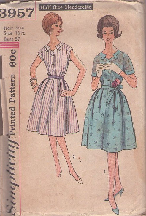 Simplicity 3957 Vintage 60's Sewing Pattern Day Dress Set, Tab Collar Bell Shaped Skirt Shirtwaist Day Dress, 2 Styles Size 16.5