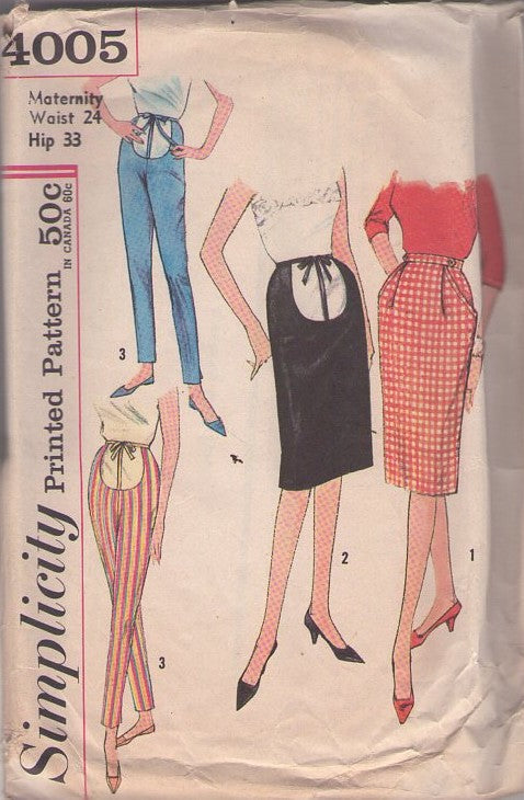 Simplicity 4005 Vintage 60's Sewing Pattern Rockabilly Pants, Skirts, Mother To Be Separates, Open Belly Kangaroo Tie Front Skirt, Tapered Cigarette Pants Waist 24 Size S