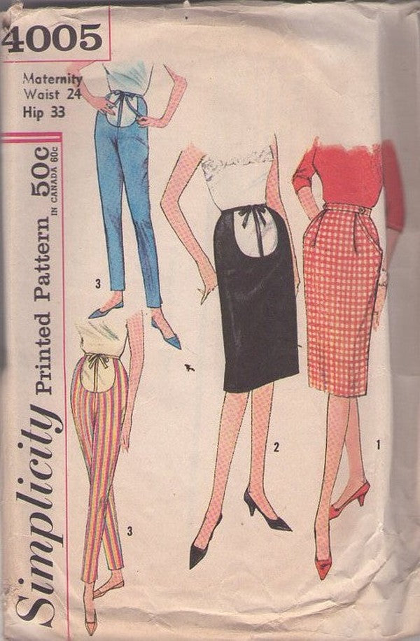 Simplicity 4005 Vintage 60's Sewing Pattern Rockabilly Pants, Skirts, Bump Friendly Separates, Open Kangaroo Pouch Tie Front Skirt, Tapered Cigarette Pants Waist 24 Size S