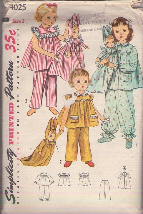 Simplicity 4025 Vintage 50's Sewing Pattern Girl's Pajamas, Modest Flared Button Front Blouse, Top, Pants, Bunny Rabbit Doll Laundry Bag, Sleepover Size 3