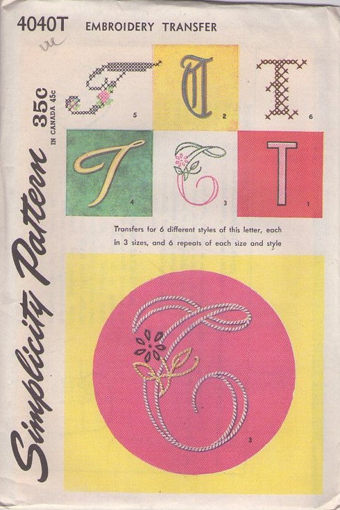 Simplicity 4040 Vintage 50's Sewing Pattern Letter T Monogram, Embroidery Transfer, MCM Script, Cross Stitch, 6 Styles T