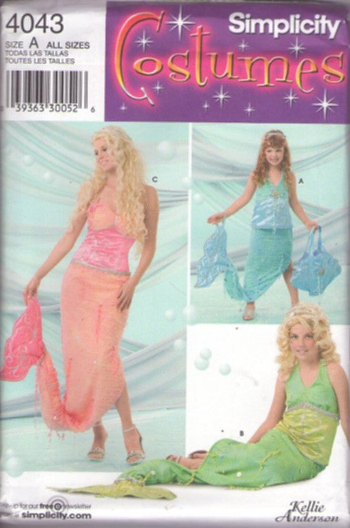 Simplicity 4043 Retro 2006 Sewing Pattern Cosplay Costumes, Unique Mother & Daughter Mermaid Costume, Halter Top, Fish Tail Skirt with Slit & Wrist Loop, Seashell Tote Purse All Sizes S-L