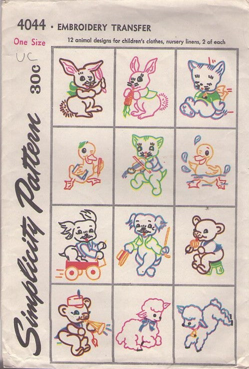 Simplicity 4044 Vintage 50's Sewing Pattern Embroidery Transfers, Iron On Animal Designs, Easter Rabbit, Cat, Dogs, Lamb, Best, Ducks One Size