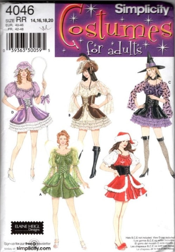 Simplicity 4046 Retro 2006 Sewing Pattern Halloween Costume Mini Dress, Sexy Bo Peep, Pirate, Witch, Fairy, Santa Clause Size 14-20