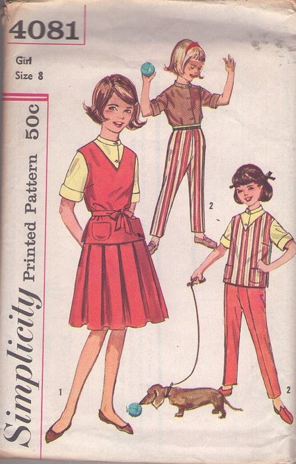 Simplicity 4081 Vintage 60's Sewing Pattern Girls' Separates, Blouse, Peg Pants, Box Pleats Skirt, Vest Top Size 8