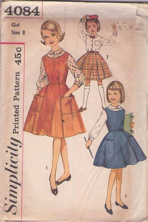 Simplicity 4084 Vinatge 60's Sewing Pattern Girls' Jumper, Dress, Skirt, Large Pockets, 2 Styles, School, Size 8