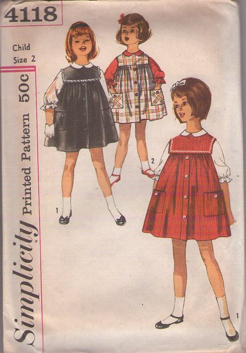 Simplicity 4118 Vintage 60's Sewing Pattern Girl's Jumper, Blouse, Peter Pan Collar Top, Button Trimmed, Square Yoke Dress Size 2