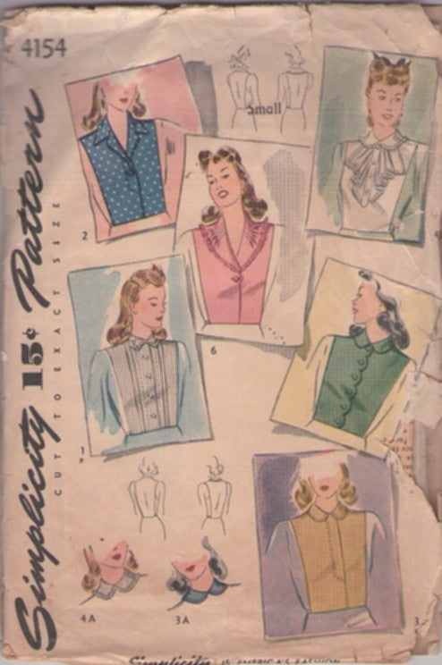 Simplicity 4154 Vintage 40's Sewing Pattern Dickey Set, Jabots, Blouse Front Pin Tucks, Collars, Jabot, Collar Set Size S
