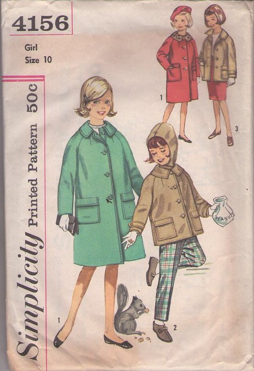 Simplicity 4156 Vintage 60's Sewing Pattern Girl's Coats, Modest Jackie O Raglan Sleeve Jacket, Welt Pockets Coat, Detachable Hood Size 10