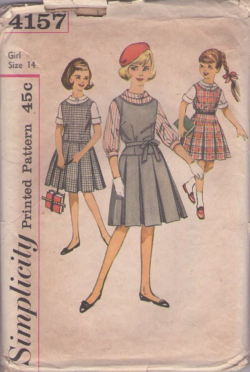 Simplicity 4157 Vintage 60's Sewing Pattern Teen Girl's Jumper, Blouse, First Job Interview, Modest School Dress, Box Pleated Skirt Jumper, Roll Collar Blouse Size 14