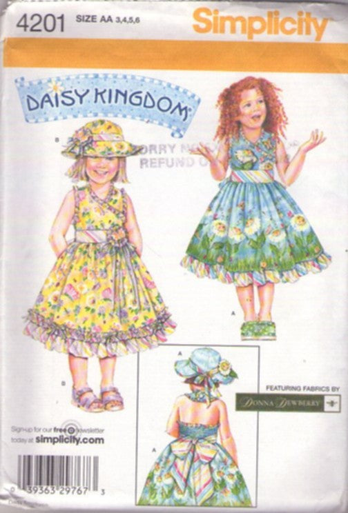 Simplicity 4201 Retro 2006 Sewing Pattern Girl's Dress, Daisy Kingdom, Full Flounced Border Fabric Surplice, Backless Sun Dress Sundress & Sun Brim Hat Size 3-6