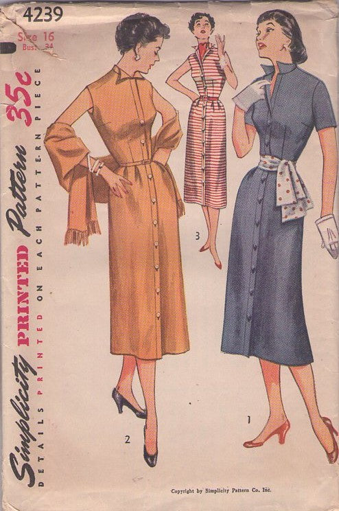 Simplicity 4239 Vintage 50's Sewing Pattern Afternoon Dress, Lucy Styles, Tiny Wing Tuxedo Collar, Front Buttons, Coat Dress, Fringe Stole, Scarf Size 16