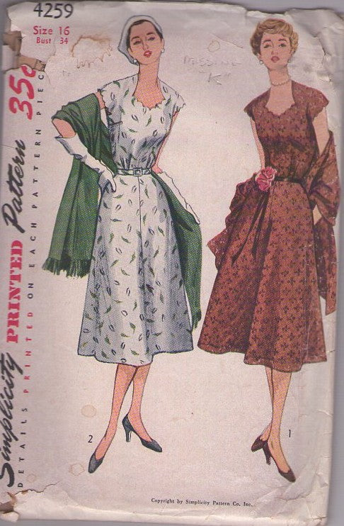 Simplicity 4259 Vintage 50's Sewing Pattern New Look Dress Set, Shaped Scalloped Neckline Modest Day Dress, 2 Styles Size 16