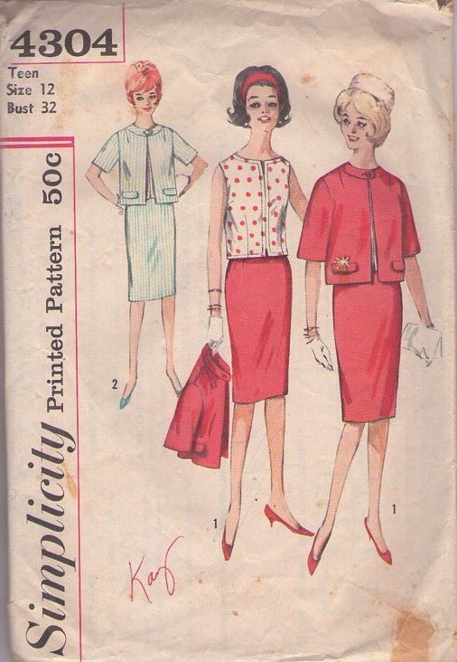 Simplicity 4304 Vintage 60's Sewing Pattern Suit Separates, Jackie O Mad Men, Notched Top Blouse, Clutch Jacket, Slim Sheath Skirt Size 12