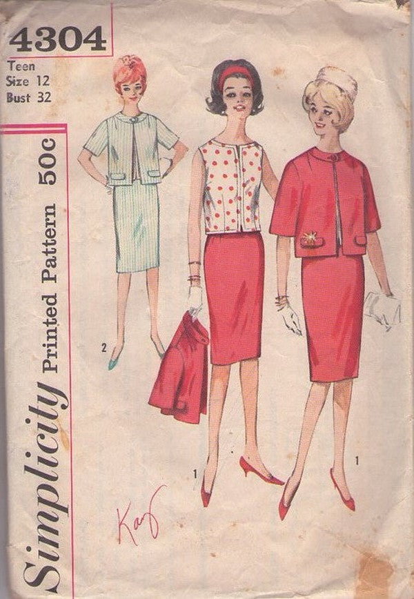 Simplicity 4304 Vintage 60's Sewing Pattern Suit Separates, Jackie O Mad Men, Notched Top Blouse, Clutch Jacket, Slim Sheath Skirt Size 12