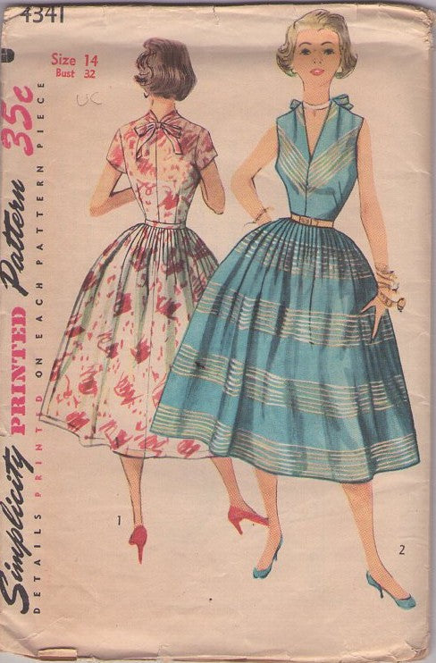 Simplicity 4341 Vintage 50's Sewing Pattern Rockabilly Sundresses, V Neck Full Gathered Pleated Skirt Cocktail Party Dress, 2 Styles Size 14
