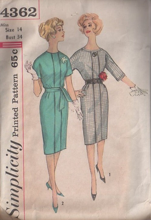 Simplicity 4362 Vintage 60's Sewing Pattern Day Dress Set, Mad Men, Kimono Sleeve Curve Hugging Sheath Dress, Pleat Front Detail & Tie Sash Belt Size 14