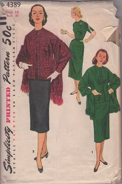 Simplicity 4389 Vintage 50's Sewing Pattern Lucy Dress, Jacket, Stole, Slim Fitted Sheath, Cardigan Sweater Jacket & Fringed Wrap Stole, Shawl Size 16