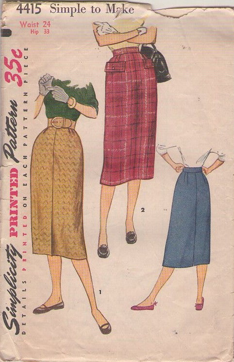 Simplicity 4415 Vintage 50's Sewing Pattern Secretary Skirt Set, Simple to Make Modest Skirts 2 Styles Waist 24 Size S
