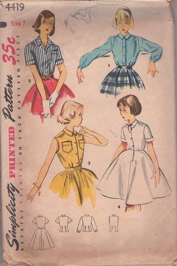 Simplicity 4419 Vintage 50's Sewing Pattern Girls' Blouse, Blouse Slip Dress 4 Styles Size 7