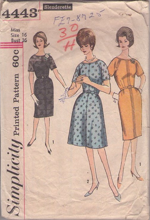 Simplicity 4443 Vintage 60's Sewing Pattern Dress Set, Mad Men Looks, Sheer Lace Top Raglan Sleeve Stitch Trim Cocktail Party Dress Size 16