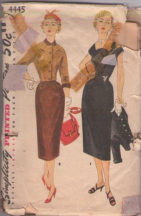 Simplicity 4445 Vintage 50's Sewing Pattern Evening Dress, Jacket Ensemble, Great Neckline Cocktail Dress, Fitted Batwing Jacket Top Size 16
