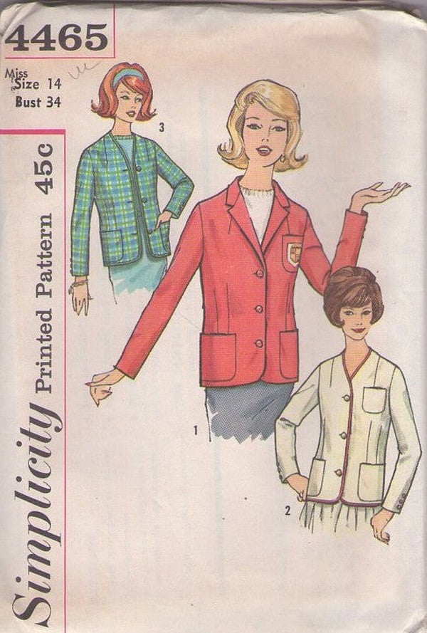 Simplicity 4465 Vintage 60's Sewing Pattern Jackets Set, Retro Secretary, Club Blazer Suit Jacket Set, 3 Styles Size 14