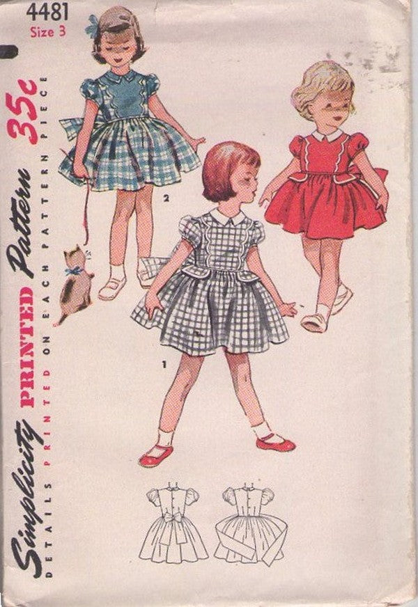 Simplicity 4481 Vintage 50's Sewing Pattern Girl's Party Dresses, Fancy Flap Trim, Puff Sleeve, Scalloped Front Dress 2 Styles Size 3