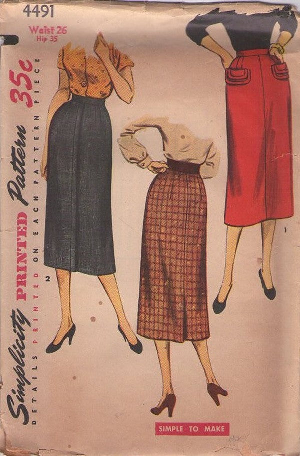 Simplicity 4491 Vintage 50's Sewing Pattern Sheath Skirts, Secretary, Modest Length Skirt Set, Flappy Pockets Waist 26 Size M