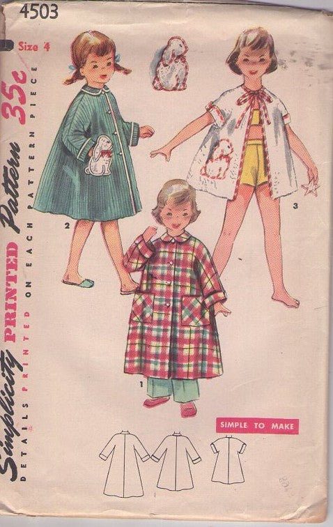 Simplicity 4503 Vintage 50's Sewing Pattern Girl's Robes, Simple to Make Flared Tent Robe, Duster, Beach Cover Up Jacket BUNNY POCKET Size 4
