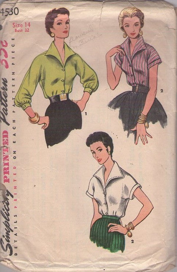 Simplicity 4530 Vintage 50's Sewing Pattern Lucy Blouse Set, Rockabilly Wing Collar, Kimono Sleeve Shirts & Tops, 2 Styles Size 14 BETTER Envelope
